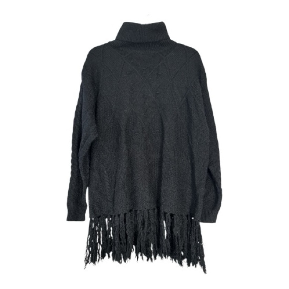 Klesis tunic sweater, black, size M / L, 7” fringe hem,  cable knit. Turtleneck